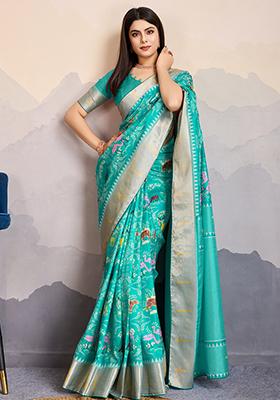 Orange Mirror Work Chinnon Saree Set With Blouse