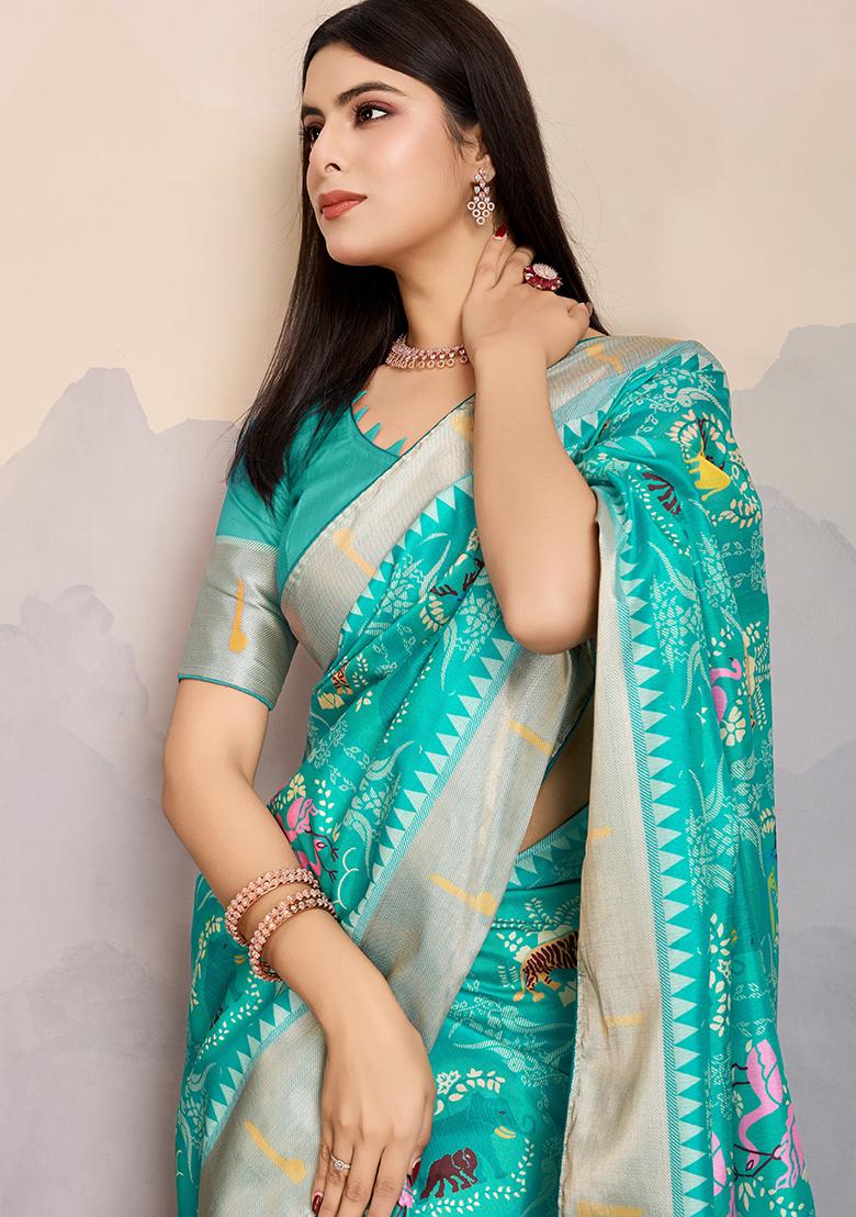 Orange Mirror Work Chinnon Saree Set With Blouse