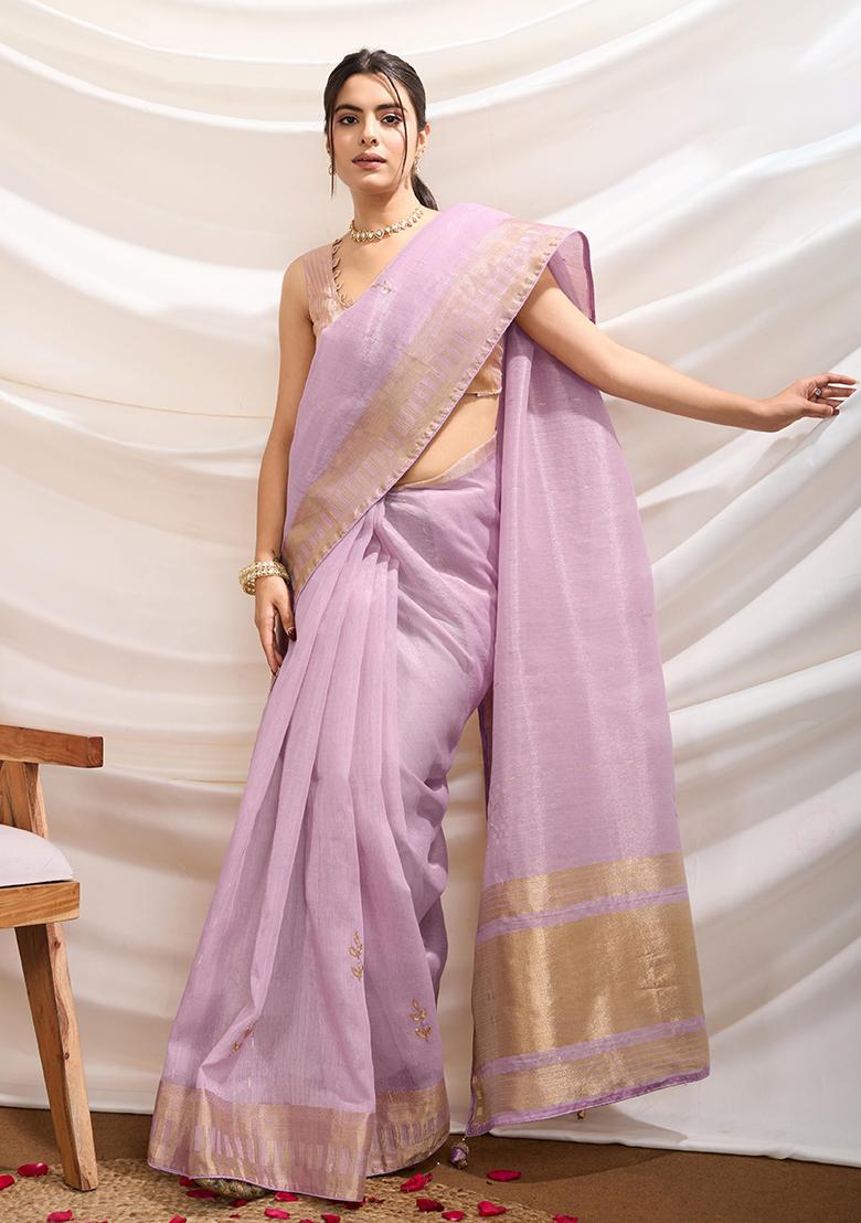 Peach Stone Work Satin Saree Set With Blouse