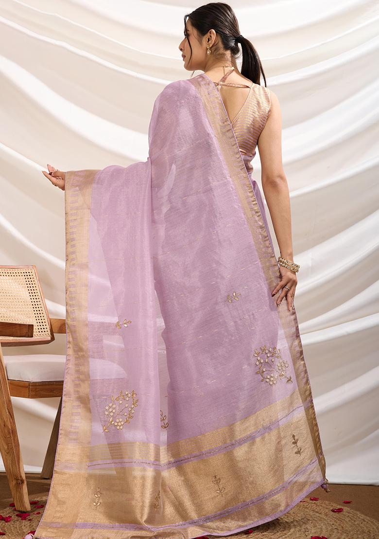 Peach Stone Work Satin Saree Set With Blouse