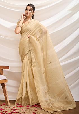 Purple Embroidered Burberry Organza Saree Set With Blouse
