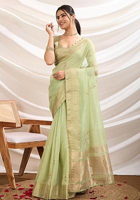 Green Embroidered Burberry Organza Saree Set With Blouse