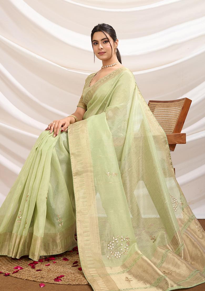 Green Embroidered Burberry Organza Saree Set With Blouse
