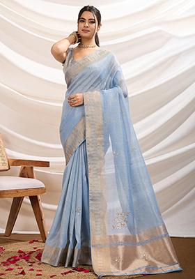 Pink Embroidered Burberry Organza Saree Set With Blouse