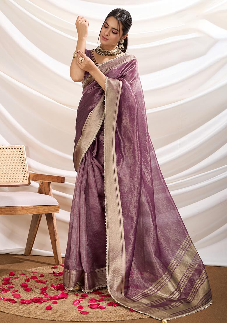 Blue Embroidered Burberry Organza Saree Set With Blouse