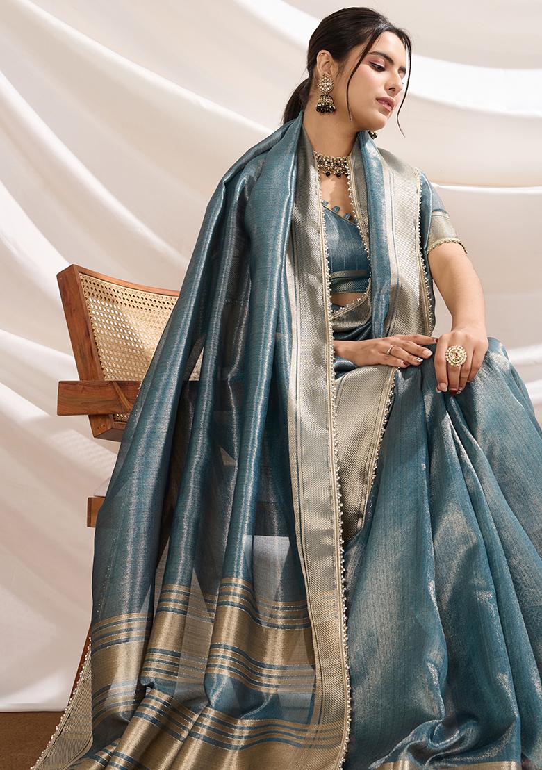 Purple Embroidered Silk Saree Set With Blouse