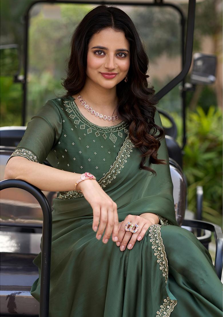 Green Self Design Tissue Linen Saree Set With Blouse