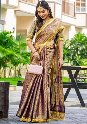 Purple Printed Banarasi Silk Saree Set With Blouse