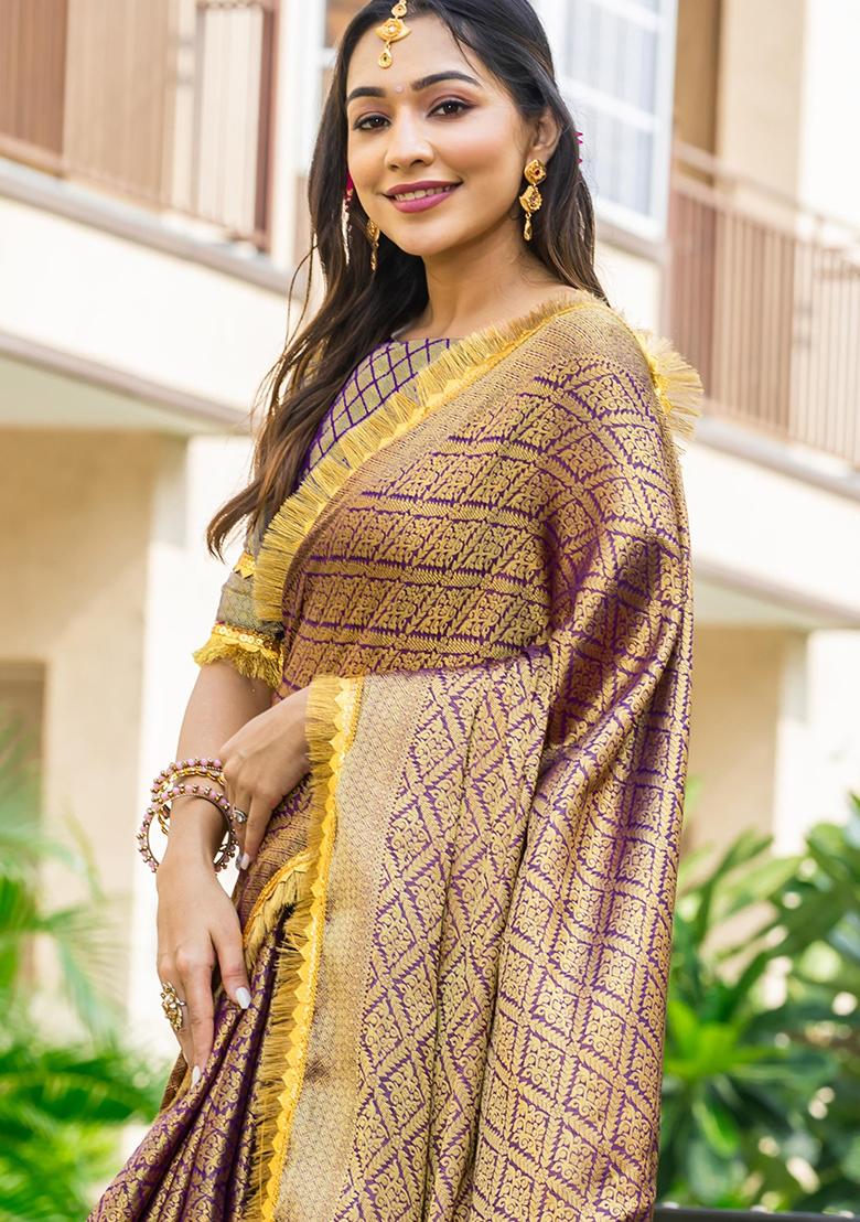 Purple Printed Banarasi Silk Saree Set With Blouse