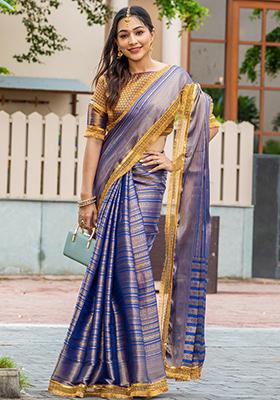 Orange Printed Banarasi Silk Saree Set With Blouse