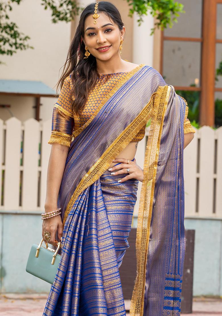 Orange Printed Banarasi Silk Saree Set With Blouse