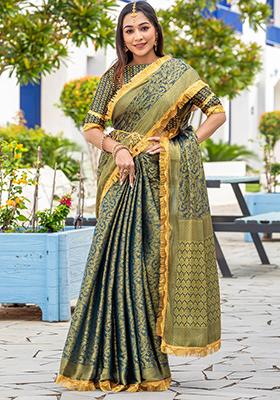 Brown Printed Banarasi Silk Saree Set With Blouse