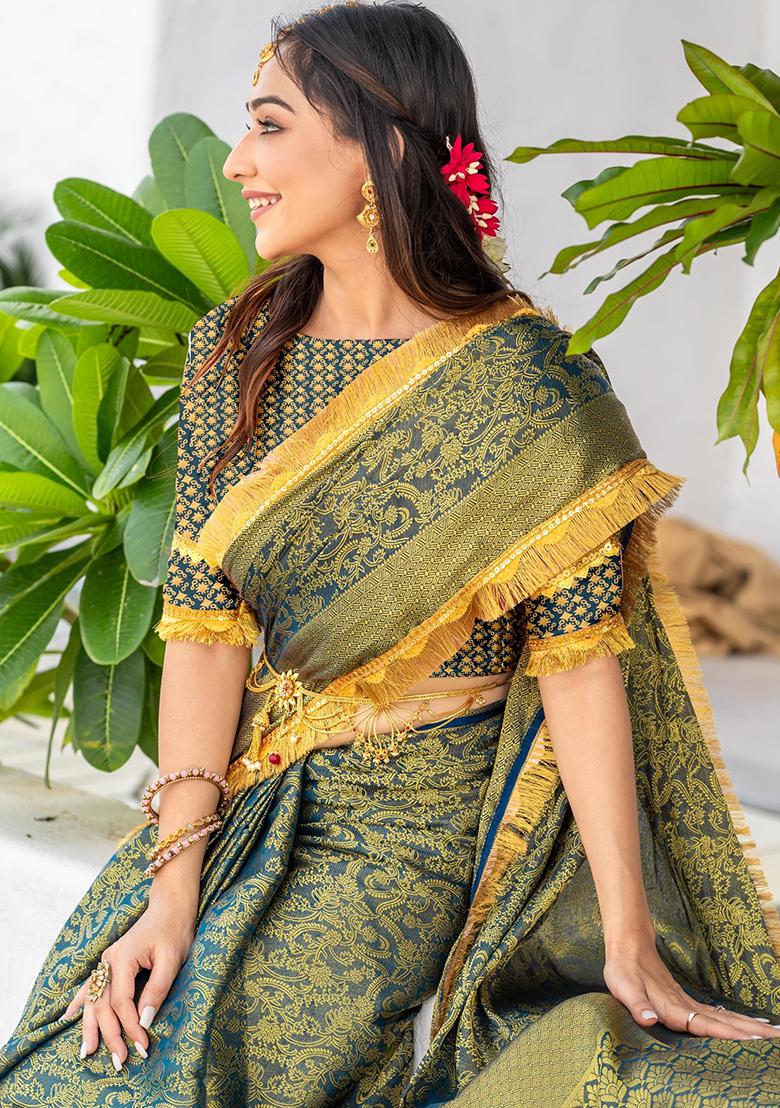 Brown Printed Banarasi Silk Saree Set With Blouse