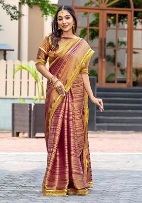 Pink Printed Banarasi Silk Saree Set With Blouse