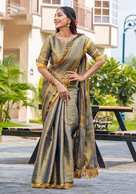 Yellow Printed Banarasi Silk Saree Set With Blouse