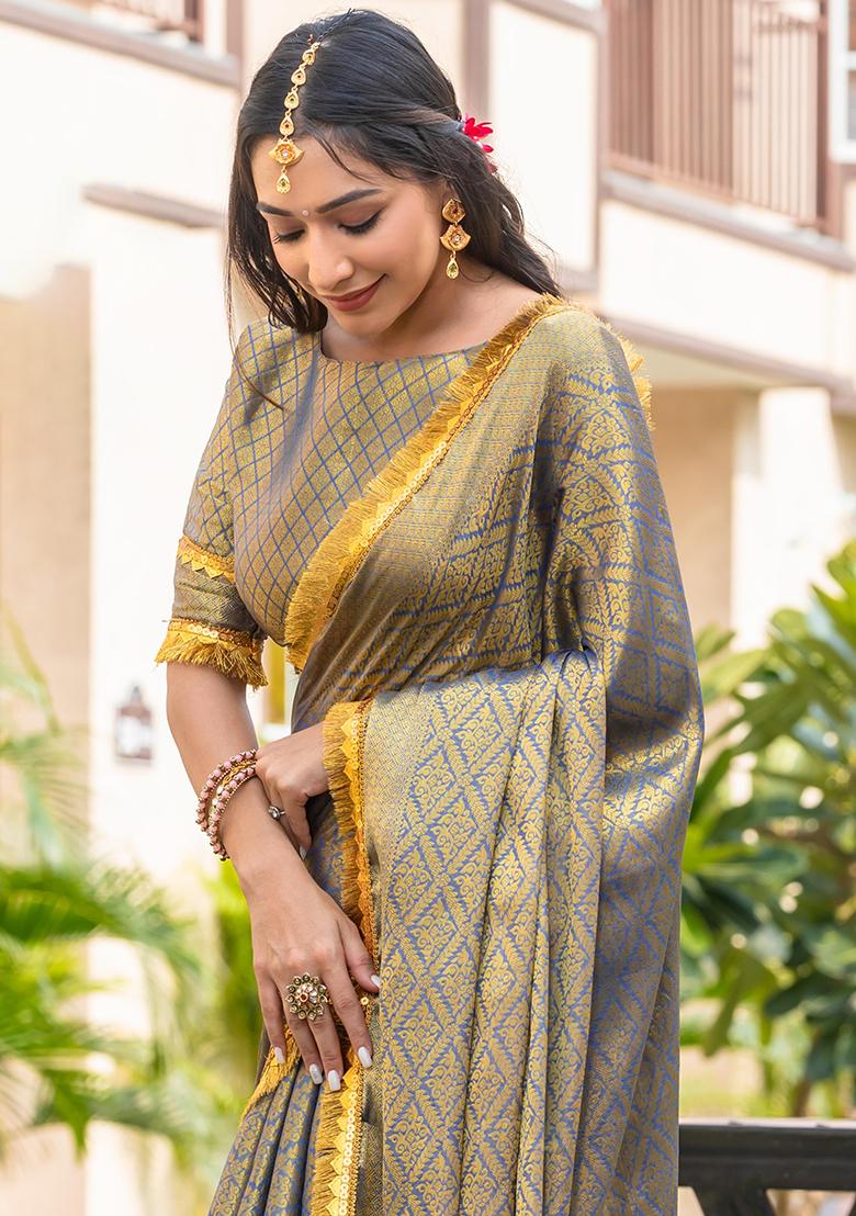 Yellow Printed Banarasi Silk Saree Set With Blouse