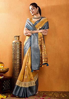 Blue Embroidered Chinnon Saree Set With Blouse