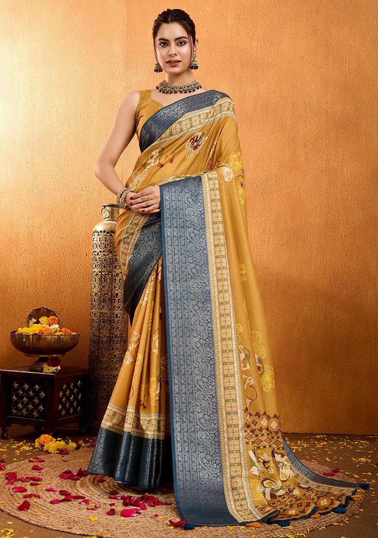 Blue Embroidered Chinnon Saree Set With Blouse
