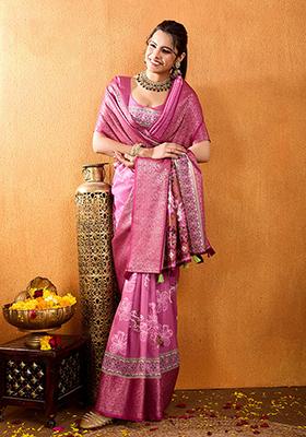 Purple Embroidered Twill Net Saree Set With Blouse
