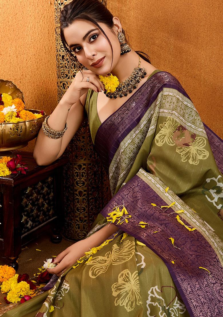 Green Embroidered Twill Net Saree Set With Blouse