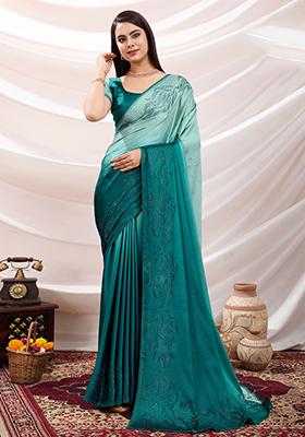 Brown Embroidered Twill Net Saree Set With Blouse