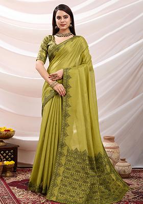 Yellow Stone Work Shaded Crepe Saree Set With Blouse