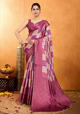Purple Printed Crepe Silk Saree Set With Blouse