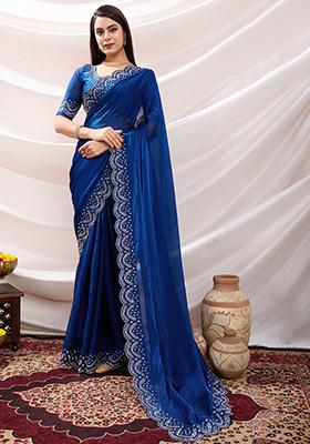 Green Embroidered Satin Saree Set With Blouse