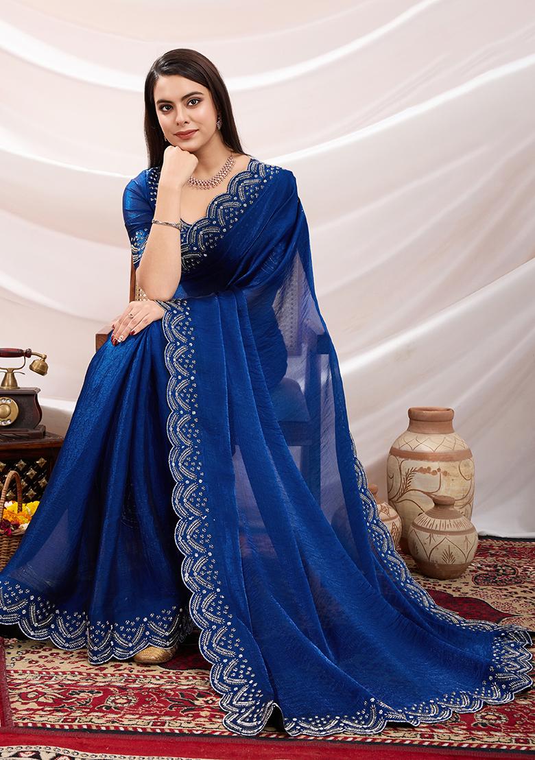 Green Embroidered Satin Saree Set With Blouse