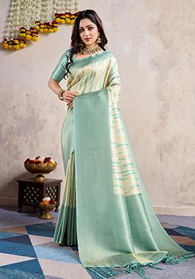 Blue Zarkan Work Crystal Tissue Saree Set With Blouse