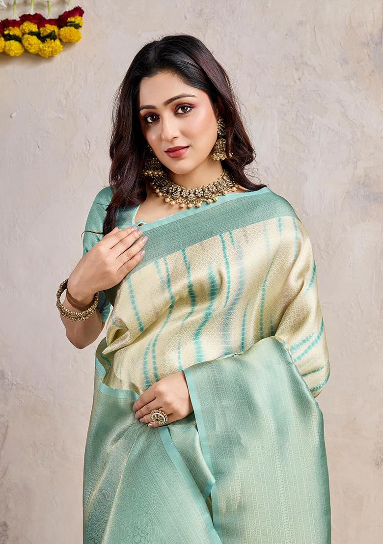 Blue Zarkan Work Crystal Tissue Saree Set With Blouse