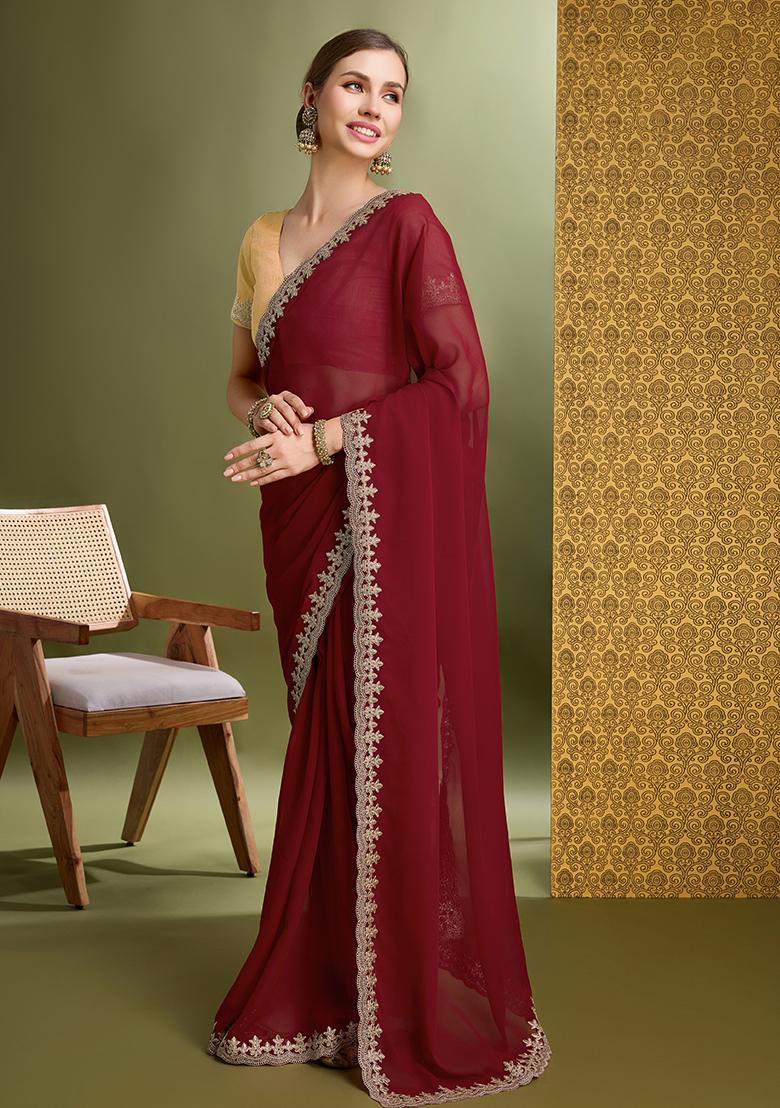 Blue Embroidered Georgette Saree Set With Blouse