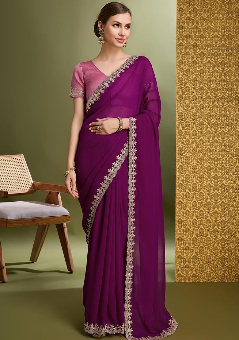 Pink Embroidered Twill Net Saree Set With Blouse