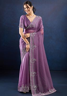 Blue Embroidered Twill Net Saree Set With Blouse