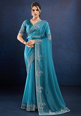 Green Embroidered Twill Net Saree Set With Blouse