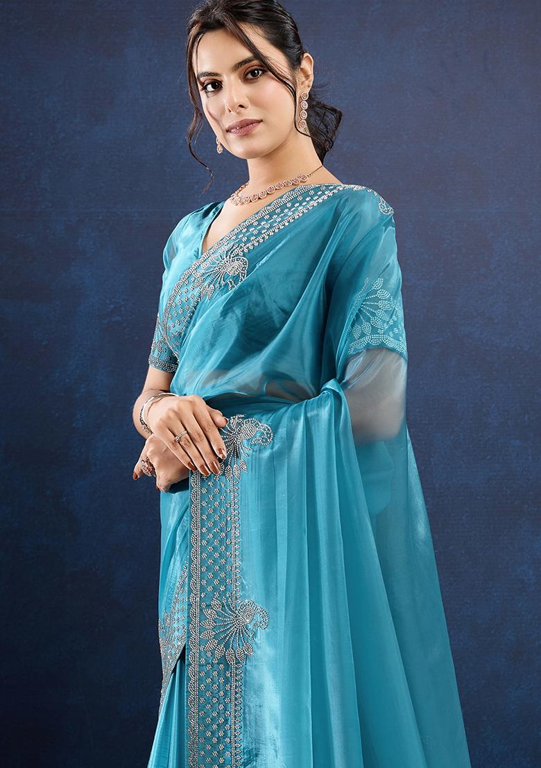 Green Embroidered Twill Net Saree Set With Blouse