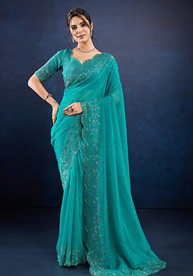 Blue Embroidered Twill Net Saree Set With Blouse