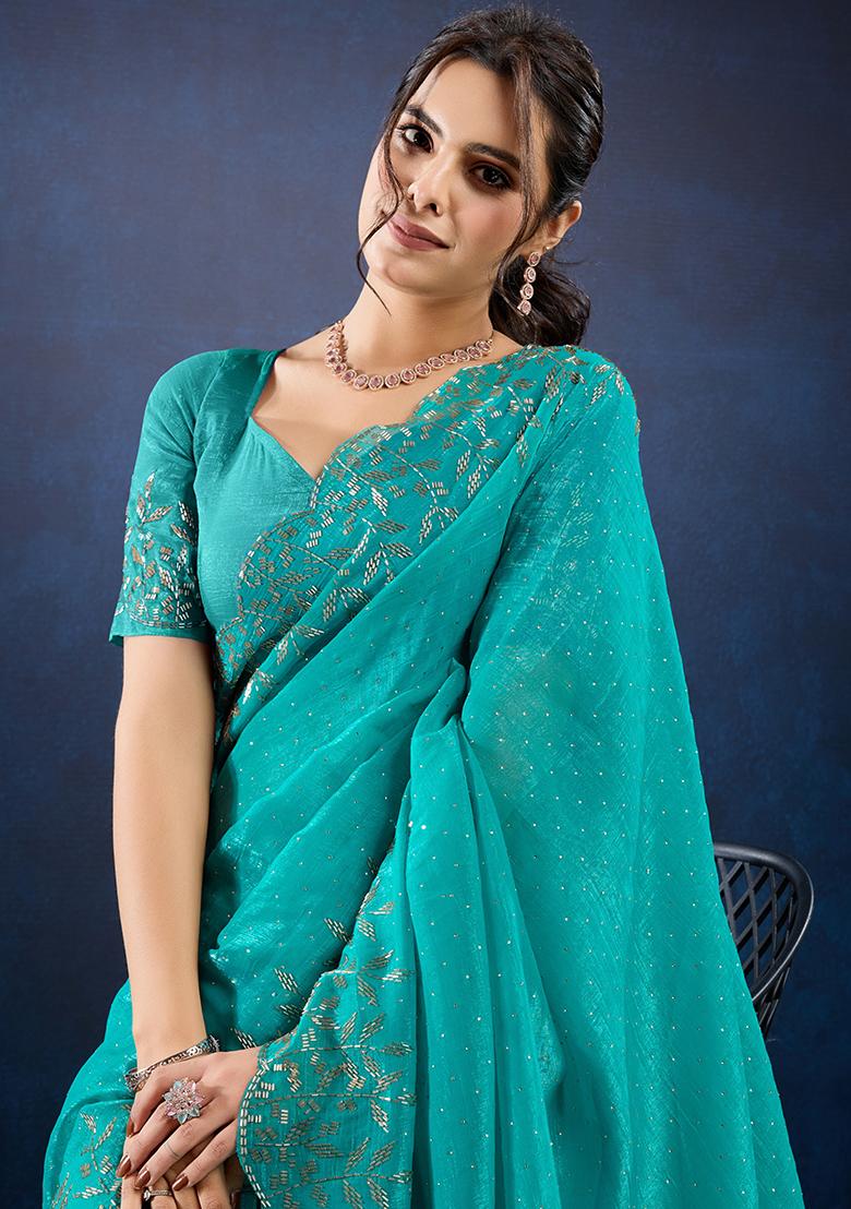Blue Embroidered Twill Net Saree Set With Blouse