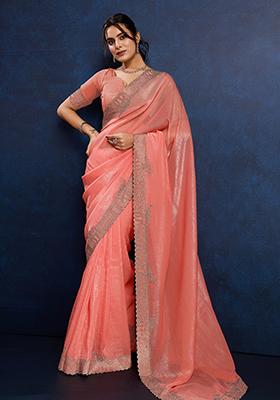 Peach Zarkan Work Crush Tissue Silk Saree Set With Blouse