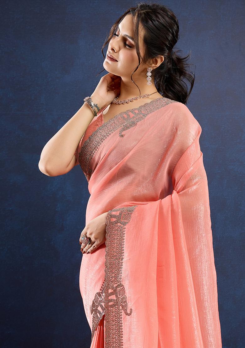 Peach Zarkan Work Crush Tissue Silk Saree Set With Blouse