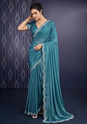Blue Cutdana Work Georgette Saree Set With Blouse