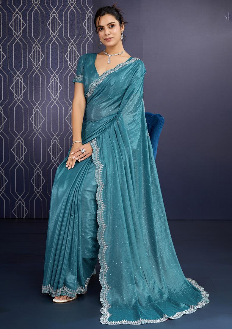 Blue Cutdana Work Georgette Saree Set With Blouse