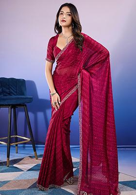 Maroon Diamond Zarkan Satin Saree Set With Blouse
