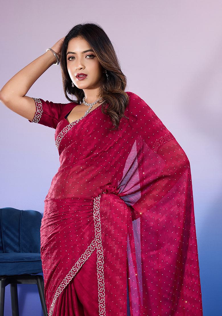 Maroon Diamond Zarkan Satin Saree Set With Blouse