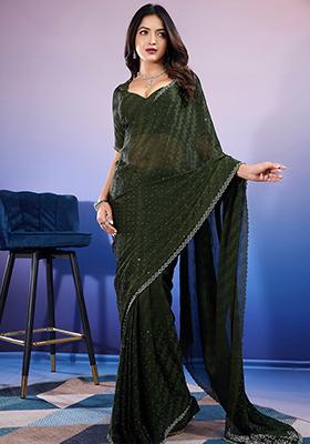 Green Diamond Zarkan Satin Saree Set With Blouse