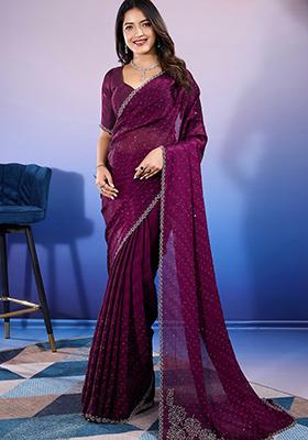 Wine Diamond Zarkan Satin Saree Set With Blouse
