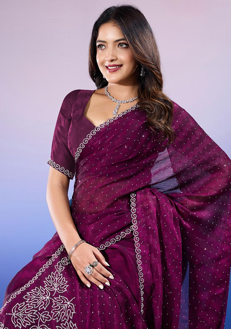 Wine Diamond Zarkan Satin Saree Set With Blouse