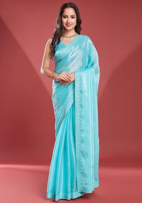 Blue Embroidered Soft Tissue Burberry Saree Set With Blouse