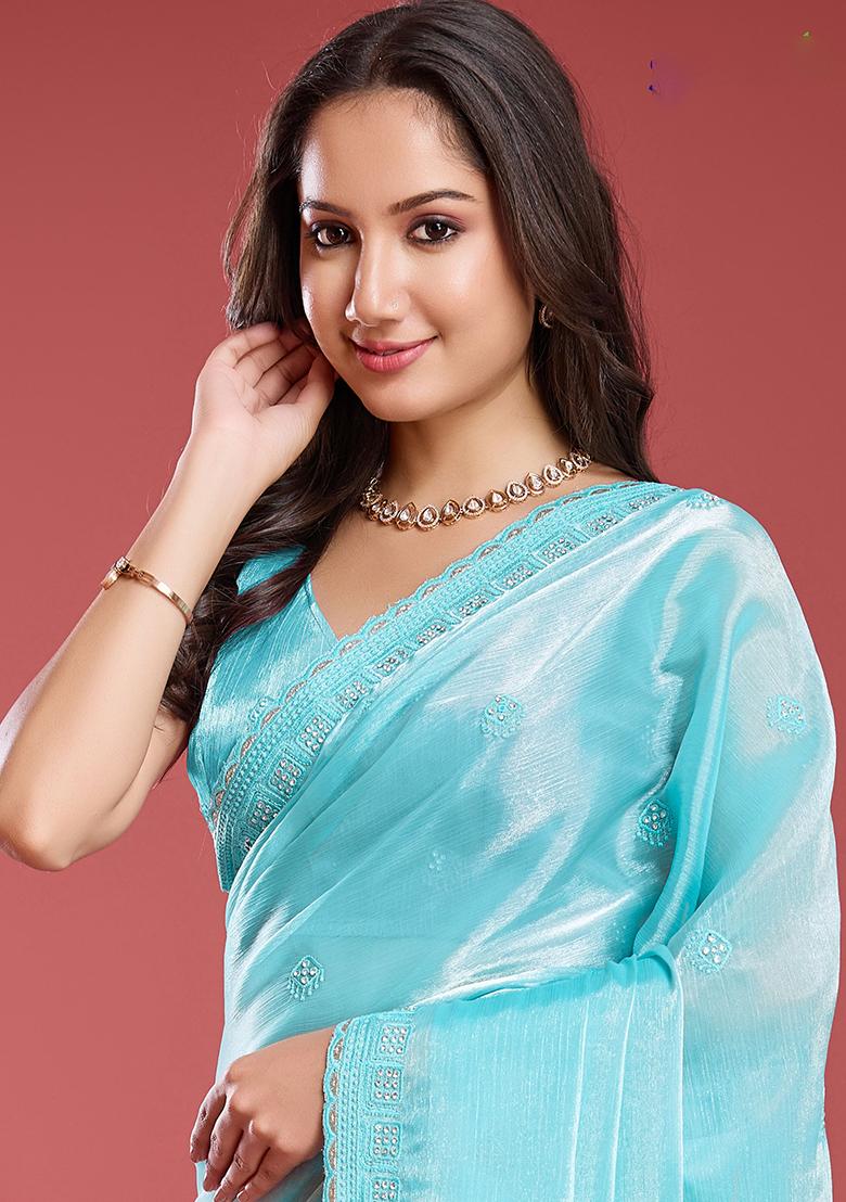 Blue Embroidered Soft Tissue Burberry Saree Set With Blouse