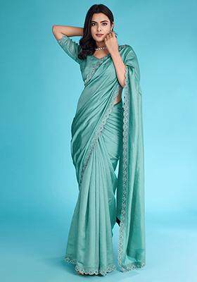 Green Embroidered Soft Burberry Saree Set With Blouse
